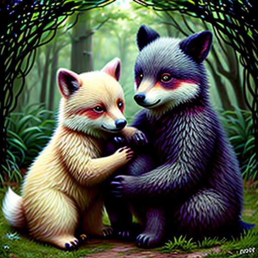 two foxes are sitting in the woods together, one is hugging the other's chest and the other is holding the other's paw