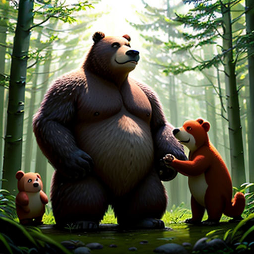 a bear and two bears standing in the woods together, with the sun shining through the trees behind them