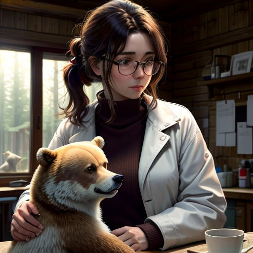 a woman sitting at a table with a dog in her lap and a cup of coffee in front of her