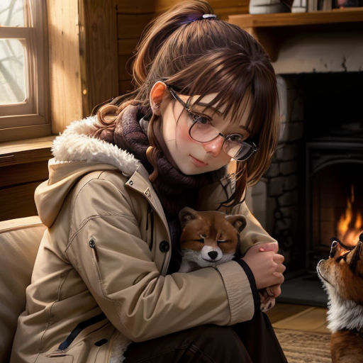 a girl in glasses holding a small dog in her lap while sitting in front of a fireplace with a dog looking on