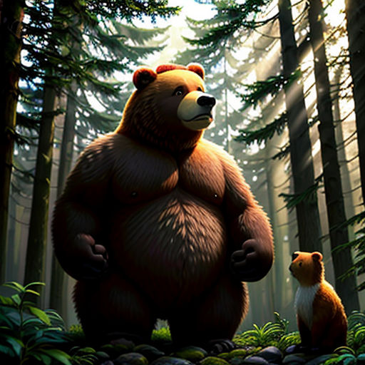 a bear and a fox standing in a forest with trees and rocks in the foreground, with a sunbeam in the background