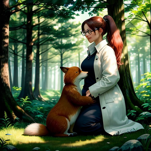 a woman sitting in the woods with a dog on her lap and a forest background with trees and rocks