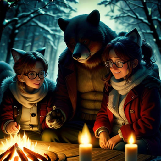 a couple of kids sitting next to a bear on a table with a lit candle in front of them
