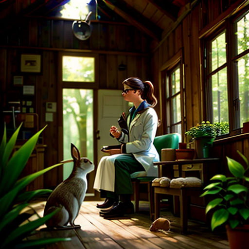 a woman sitting in a chair next to a rabbit in a room with plants and a lamp on the ceiling