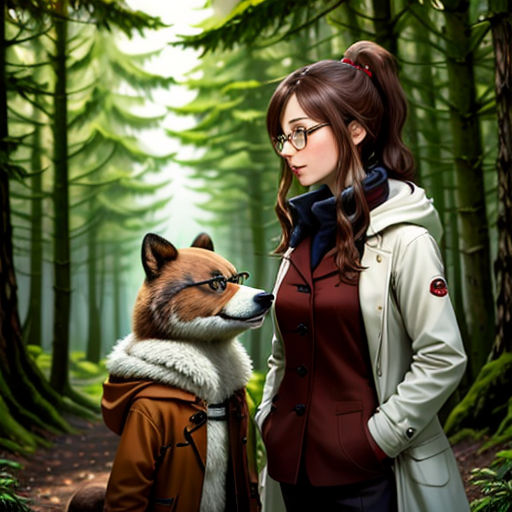 a woman and a dog are standing in the woods together, looking at each other and smiling at each other