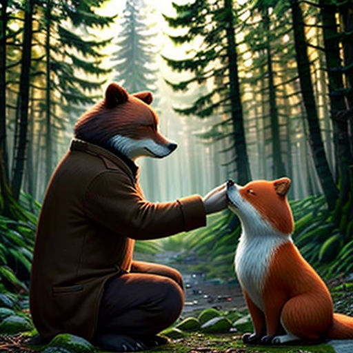 a man kneeling down next to a fox in the woods with a forest background and trees in the background