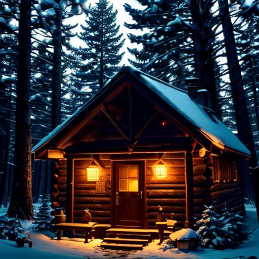 a cabin in the woods with a bench and lights on it at night time with snow on the ground