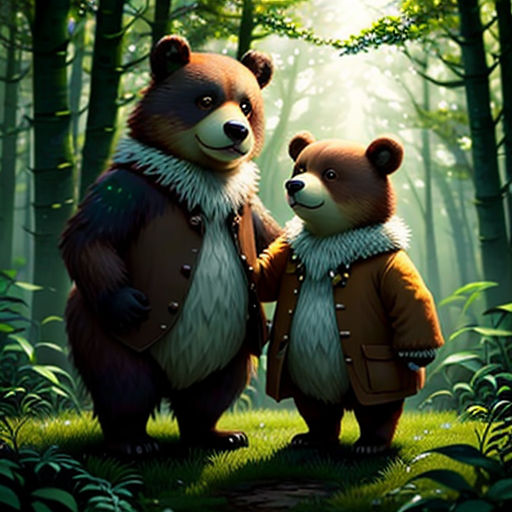 two bears standing in the middle of a forest with trees and grass in the background, one of them is wearing a brown coat