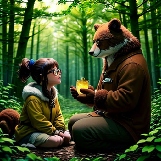 a man and a woman sitting in the woods with a bear and a glass of beer in their hands
