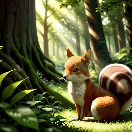 a fox sitting in the middle of a forest with trees and grass around it, with sunlight streaming through the trees