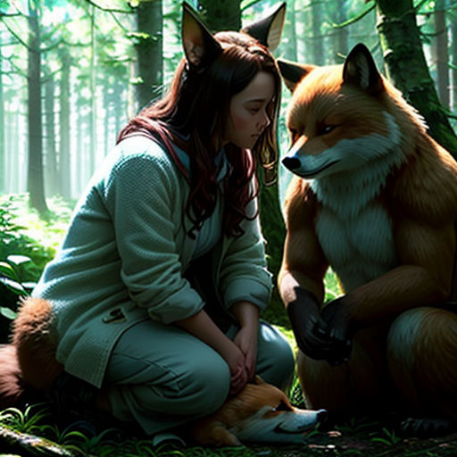 a woman sitting next to a fox in the woods with a fox on her lap and another animal standing up