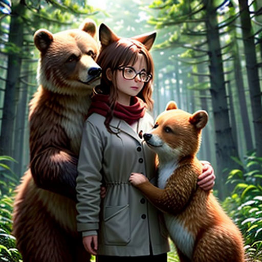 a woman holding two bears in a forest with trees and grass in the background, with a forest scene in the background
