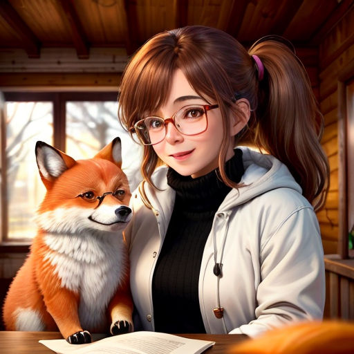 a woman sitting at a table with a fox on her lap and a book in front of her,