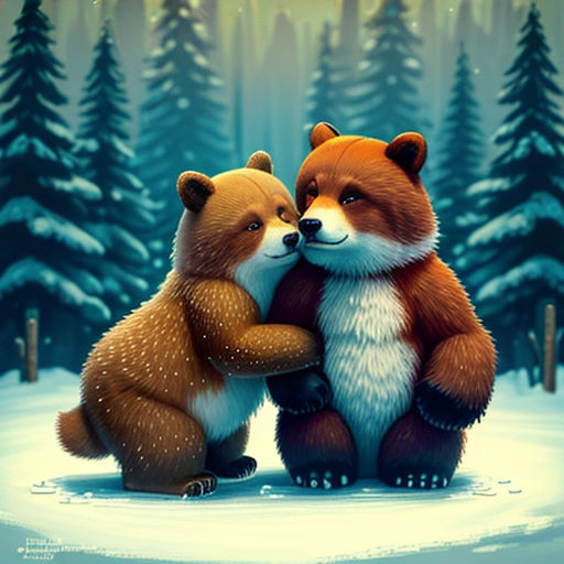 two bears hugging in the snow with trees in the background and a sky background with stars and clouds, and a full moon