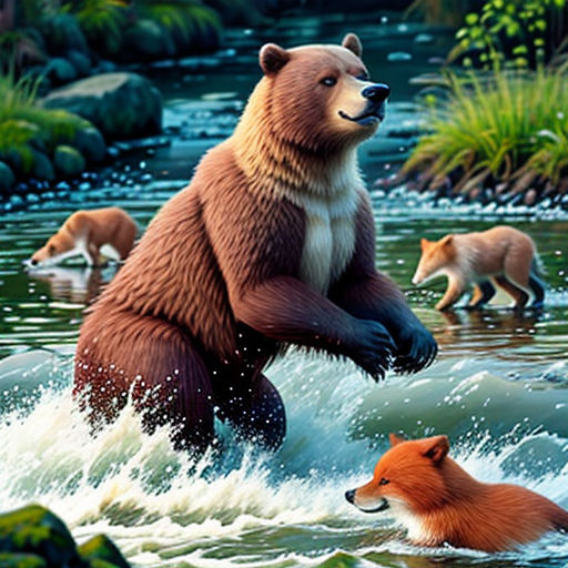 a bear and two cubs are in the water together, and one cub is in the water and the other cub is in the water