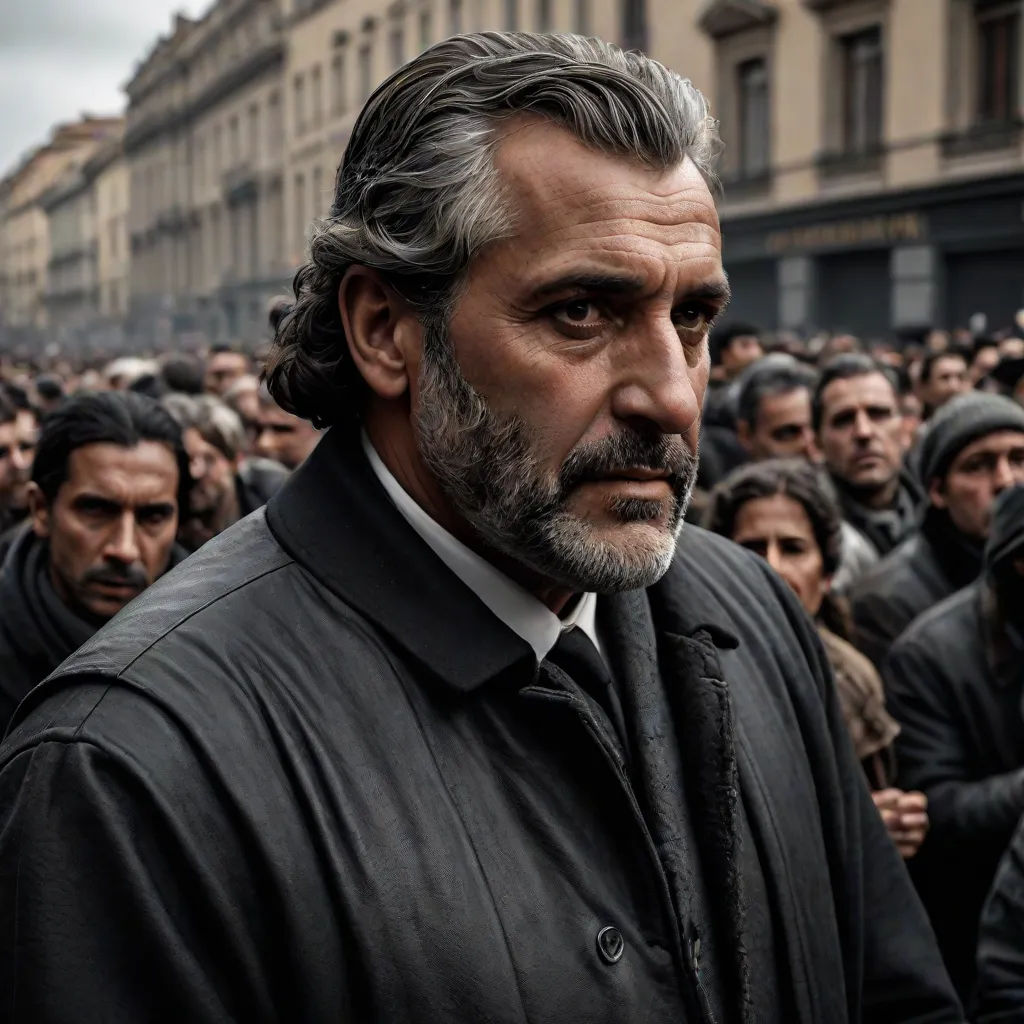 a man with a beard and a black jacket in a crowd of people in a city street with buildings, a character portrait, Aniello Falcone, socialist realism, vfx