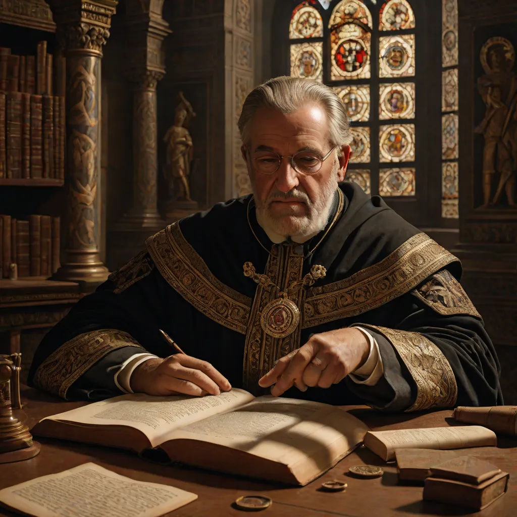 a man in a priest's robes sitting at a table with a book and pen in his hand, a detailed matte painting, Donato Giancola, romanesque, highly detailed digital painting