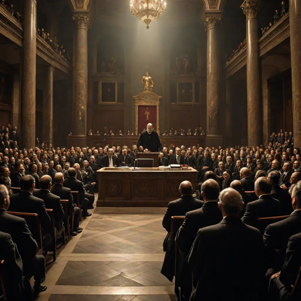 a large group of people sitting in a room with a priest in the middle of the room and a chandelier hanging from the ceiling, a detailed matte painting, De Hirsh Margules, viennese actionism, vfx