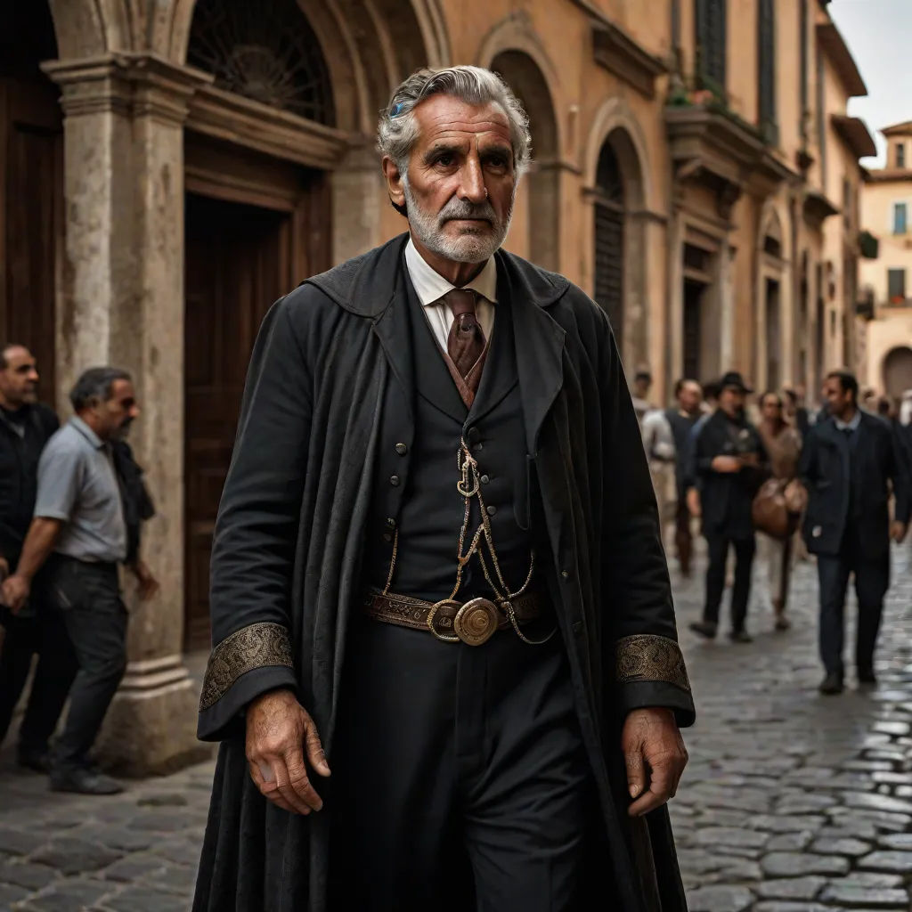a man in a suit and tie standing on a street with people walking by him and a building in the background, a character portrait, Domenico Pozzi, romanesque, promotional image