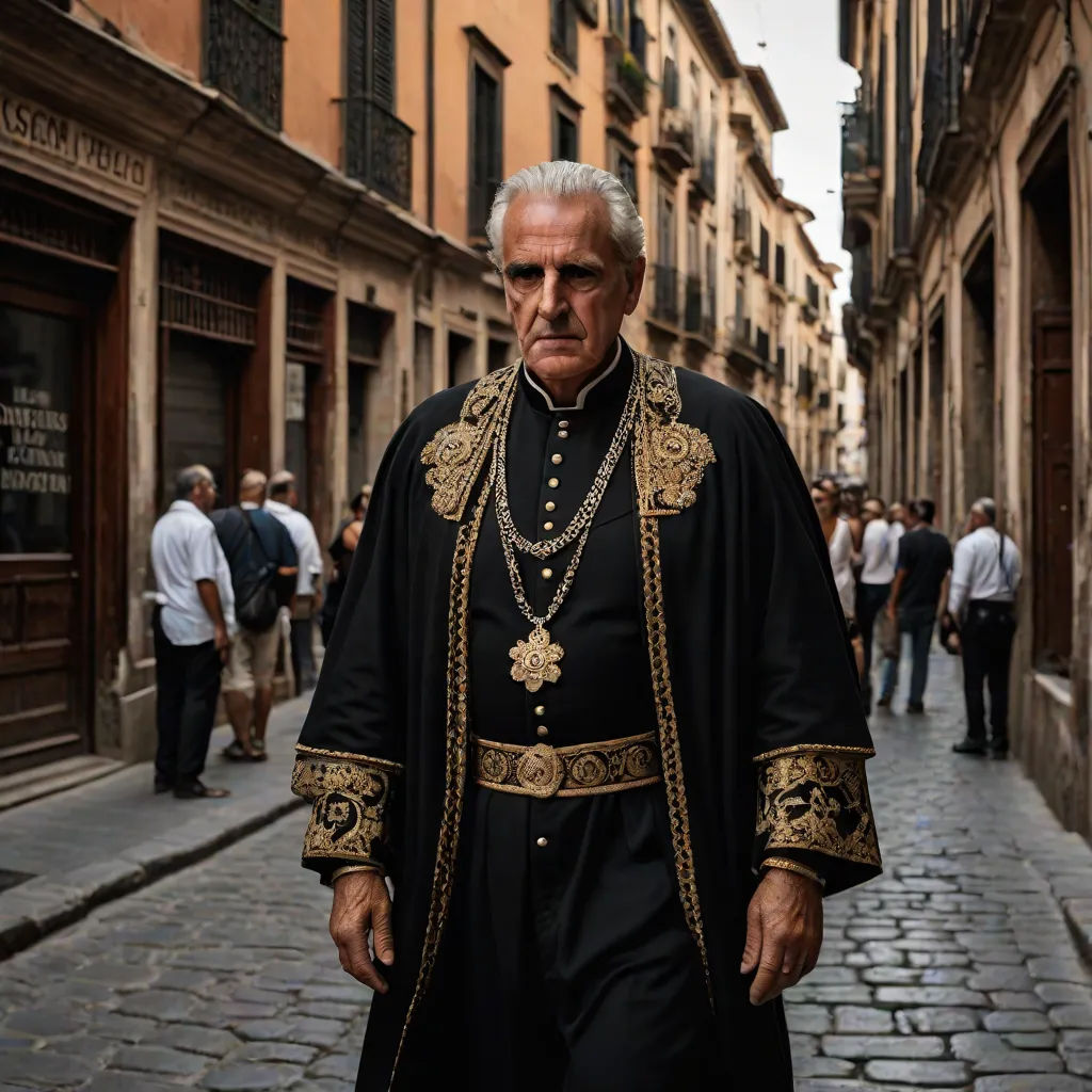 a man in a black and gold outfit walking down a street in a city with people walking by on either side of the street, a character portrait, Constantine Andreou, romanesque, cinematic photography
