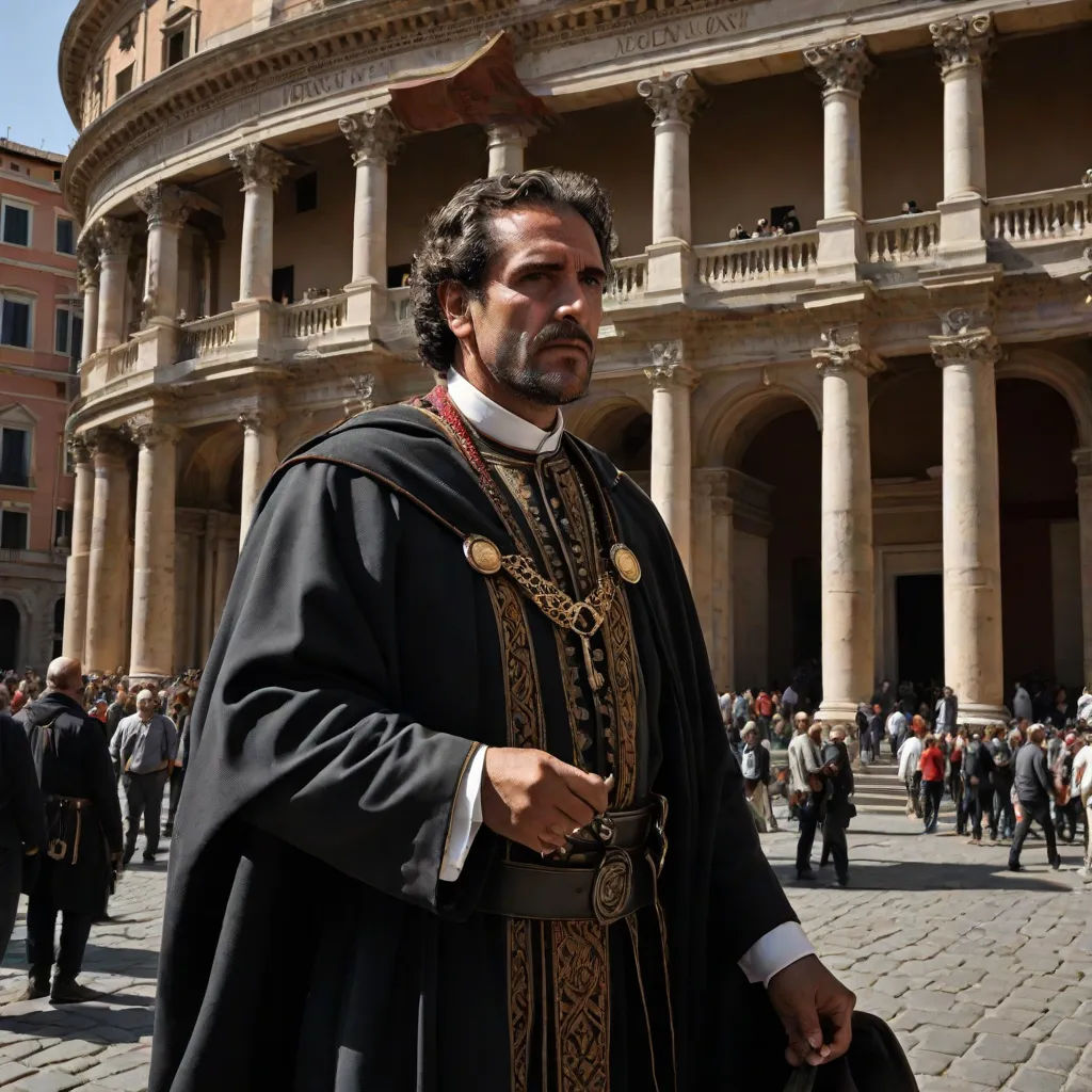 a man in a black robe standing in front of a building with columns and a dome on top of it, a detailed matte painting, Dosso Dossi, romanesque, promotional image