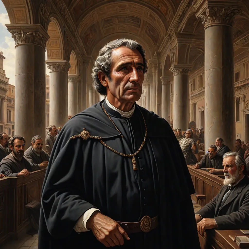 a painting of a priest in a large room of people sitting down and standing around him is a painting of a priest in a black robe, an ultrafine detailed painting, Carlo Crivelli, classical realism, detailed painting