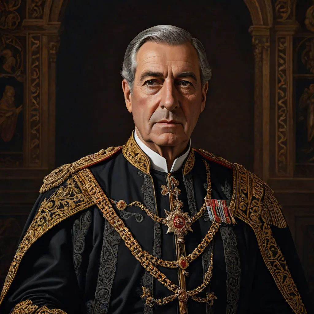a painting of a man in a black uniform with a gold trim and a white beard and mustache, wearing a black and gold outfit, an ultrafine detailed painting, Edwin Georgi, classical realism, extremely detailed oil painting