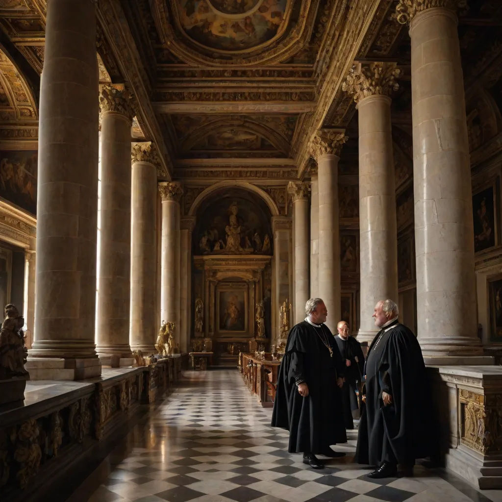 two men in robes standing in a large room with columns and a ceiling painted with gold and white designs, a flemish Baroque, Christopher Wren, neoclassicism, cinematic photography