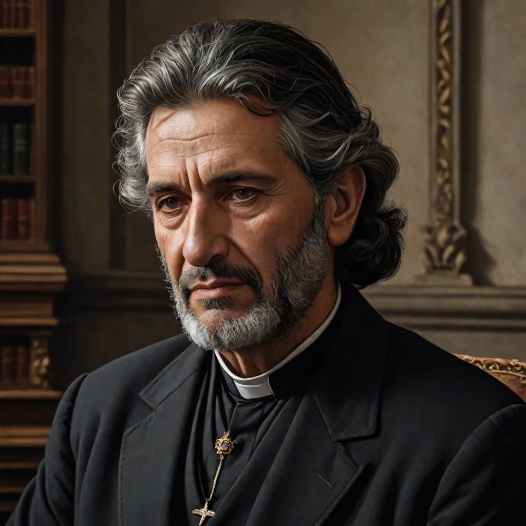 a painting of a man in a priest's robes and a cross on his chest, sitting in a chair, a hyperrealistic painting, Donato Giancola, photorealism, extremely detailed oil painting