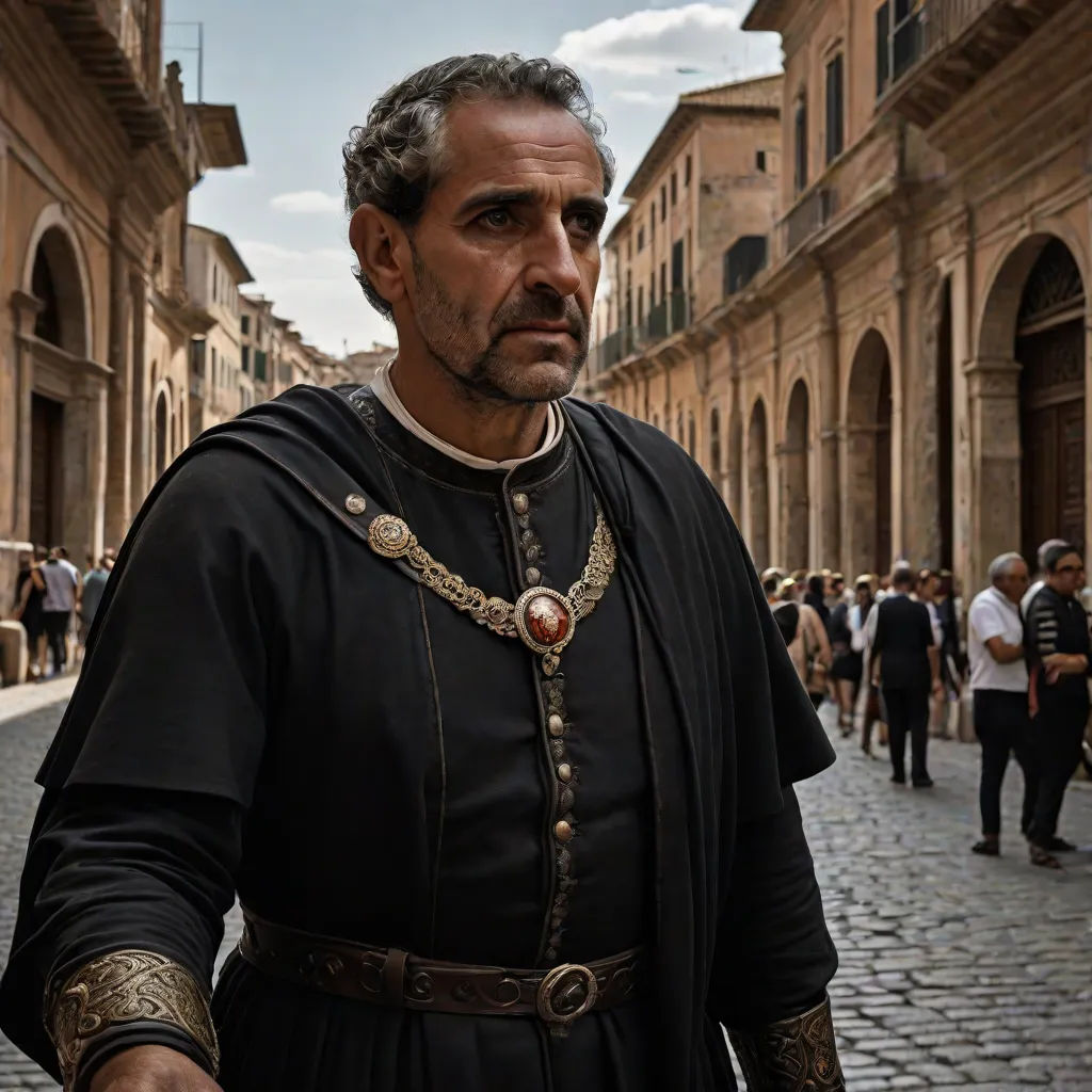 a man in a black outfit standing on a street with a crowd of people behind him and a building in the background, a detailed matte painting, Andrea Mantegna, romanesque, promotional image