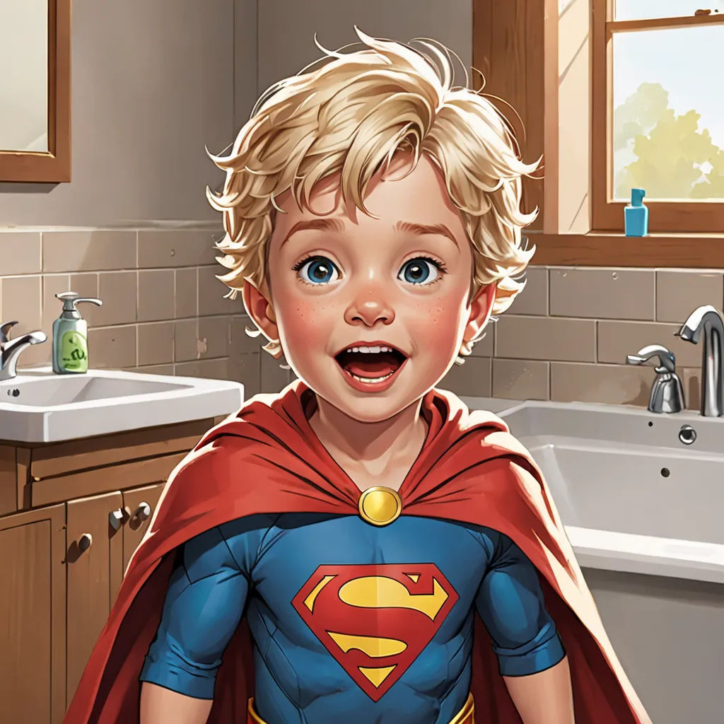 a cartoon of a boy dressed as a superman in a bathroom with a sink and a window in the background, Chris Rallis, photorealism, a comic book panel, stanley artgerm lau