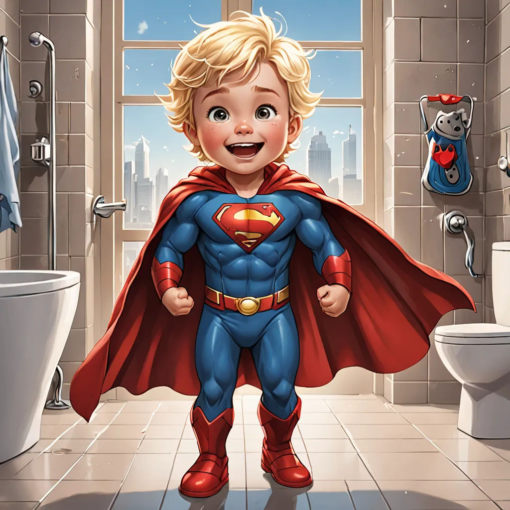a cartoon of a boy dressed as a superman in a bathroom with a toilet and a window behind him, Diego Gisbert Llorens, sots art, a comic book panel, comic cover art