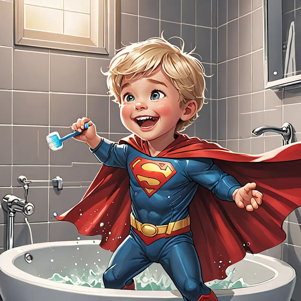a little boy in a superman costume brushing his teeth in a bathroom sink with a toothbrush in his hand, Diego Gisbert Llorens, photorealism, a comic book panel, stanley artgerm lau
