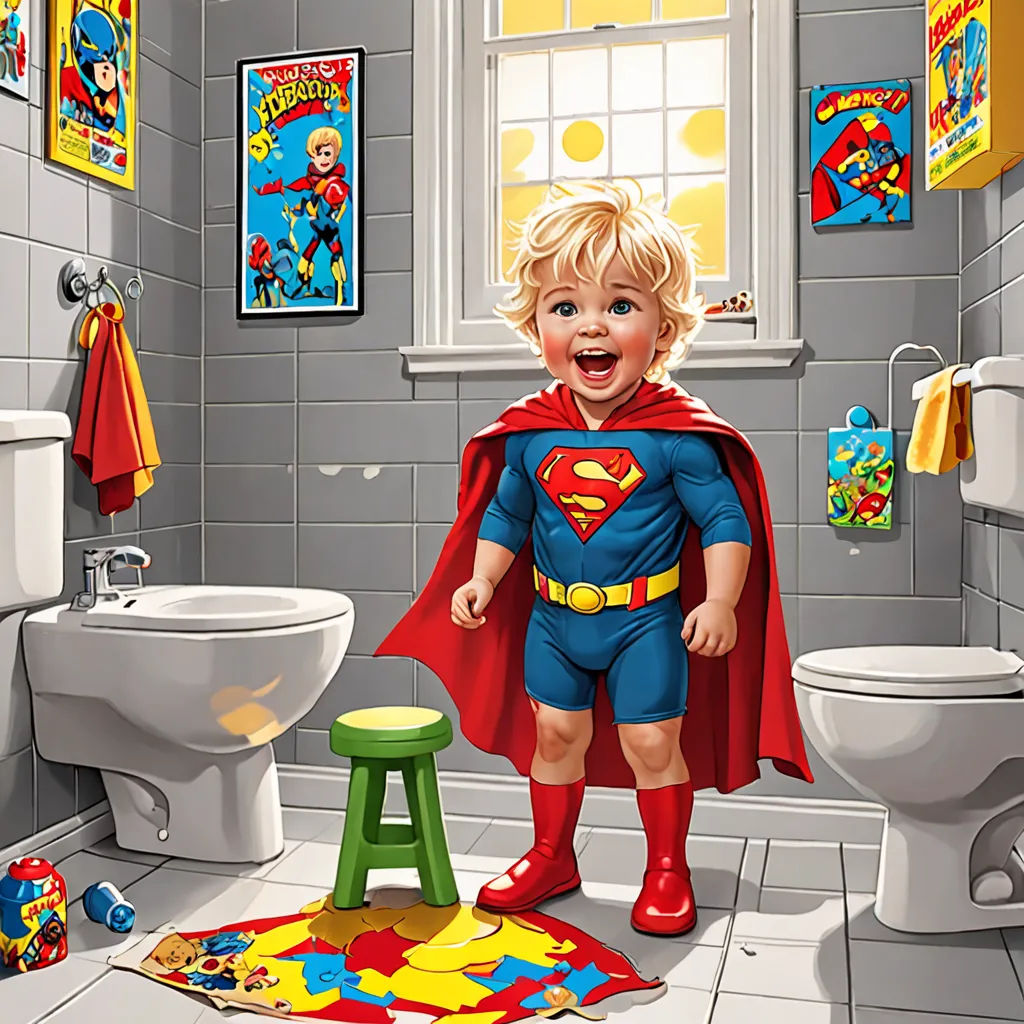 a little boy in a bathroom with a superman costume on and a green stool in front of him and a toilet, Chris LaBrooy, hyperrealism, a storybook illustration, highly detailed digital painting