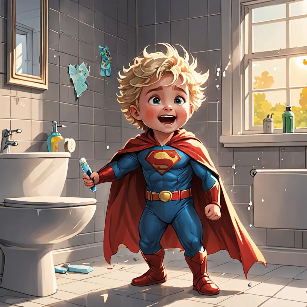 a little boy dressed as a superman standing in a bathroom with a toilet and sink in the background and a sink and mirror in the background, Diego Gisbert Llorens, action painting, a comic book panel, stanley artgerm lau