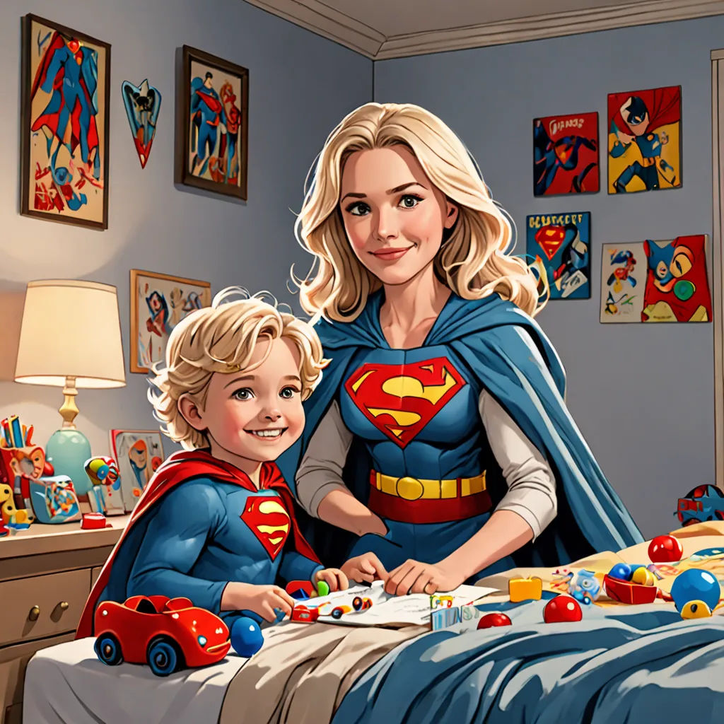 a woman and a child are in a bedroom with superman artwork on the wall behind them and a bed, Carol Sutton, superflat, a storybook illustration, comic book