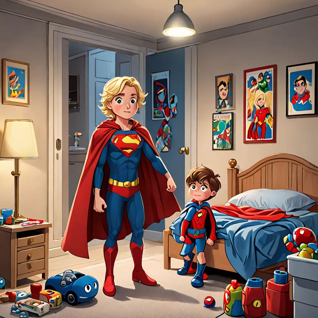 a cartoon of a man and a child in a bedroom with a superman costume on and a bed with toys, Chris LaBrooy, superflat, a storybook illustration, official art