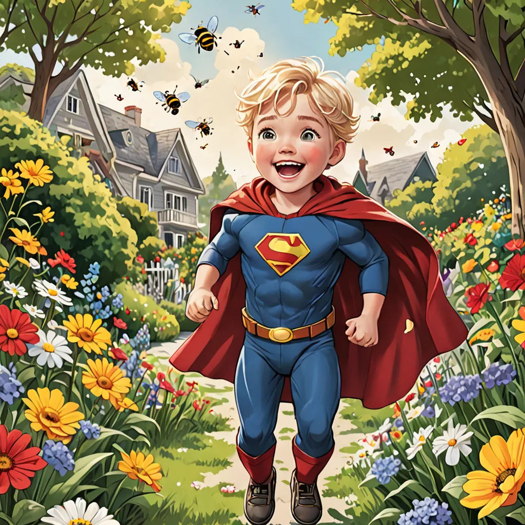 a little boy dressed as a superman running through a flower garden with a bee flying overhead in the background, Everett Warner, superflat, a comic book panel, comic cover art