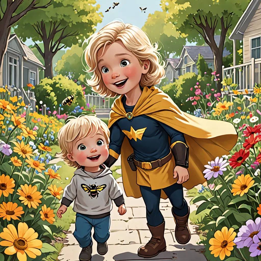 a cartoon of a woman and a child walking through a flower garden with a bee on their chest and a house in the background, Aaron Jasinski, symbolism, a storybook illustration, official art