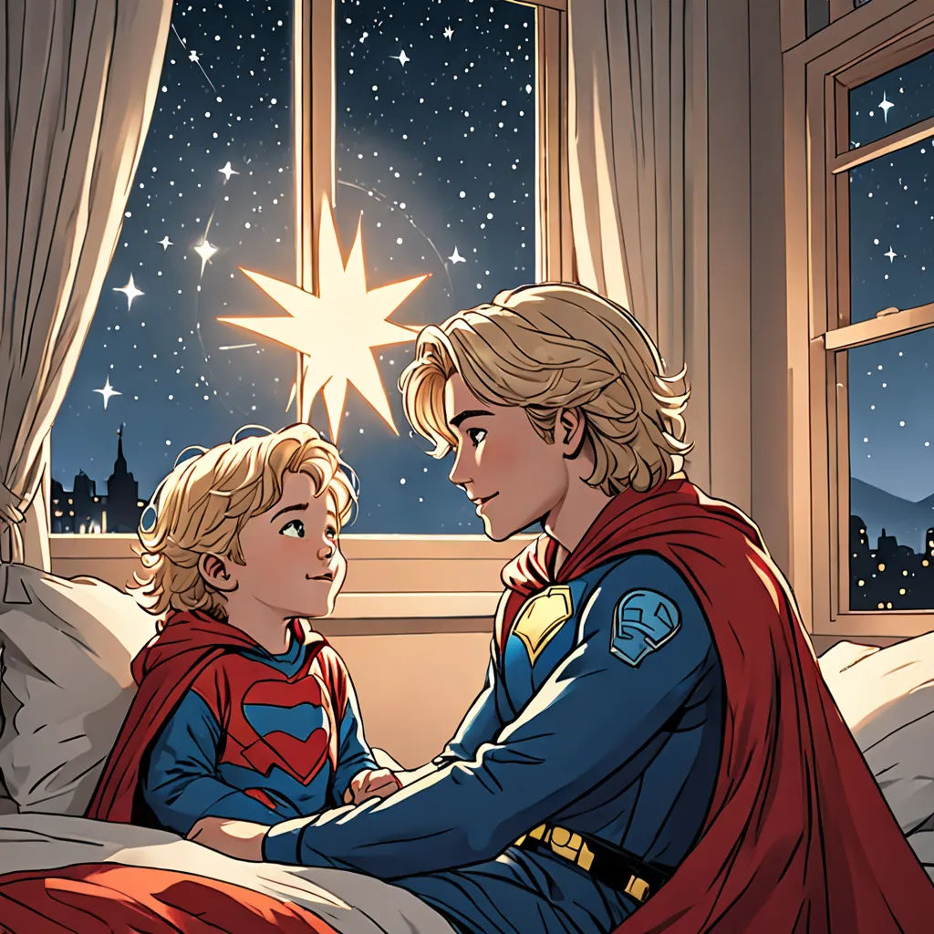 a boy and a girl are sitting on a bed looking at a star in the sky above them,, Cliff Childs, superflat, a comic book panel, official art