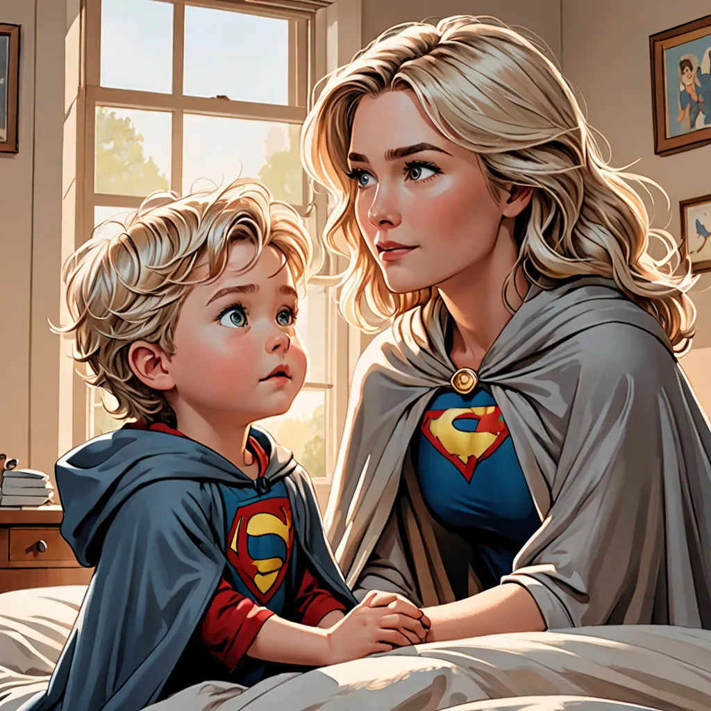 a woman and a child are sitting on a bed together, one is wearing a cape and the other is wearing a cape, Artgerm, superflat, a comic book panel, stanley artgerm lau