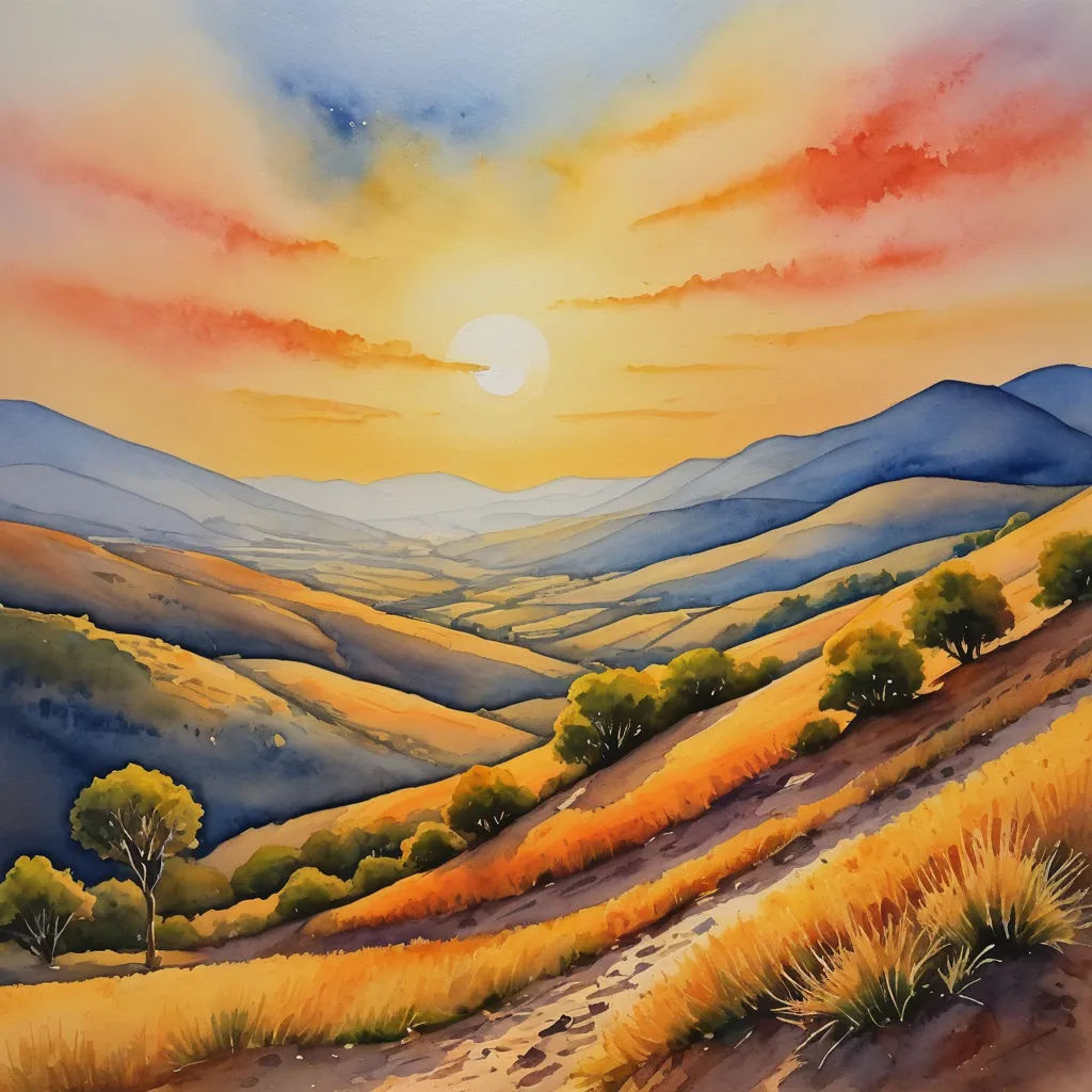 a painting of a sunset over a hilly landscape with trees and hills in the distance and a path leading to the sun, american scene painting, an airbrush painting, David Martin, landscape