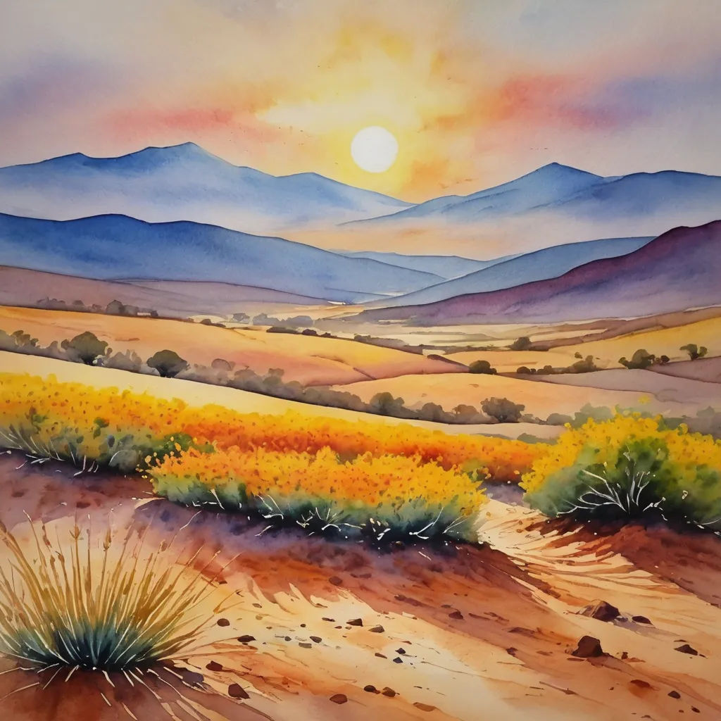 a painting of a desert landscape with mountains in the background and a sunset in the distance with a yellow flower in the foreground, american scene painting, a watercolor painting, Carol Sutton, desert