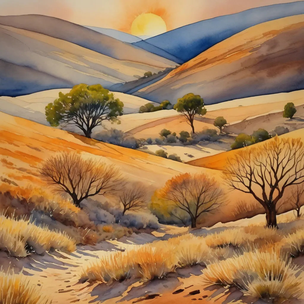 a painting of a desert landscape with trees and hills in the background at sunset or sunset time with a sun setting, american scene painting, an airbrush painting, Bob Thompson, desert