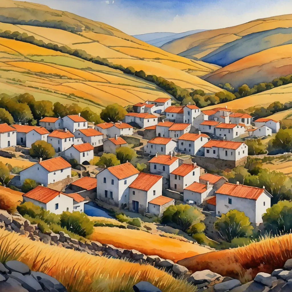 a painting of a village in the mountains with a mountain in the background and a blue sky with clouds, american scene painting, an ultrafine detailed painting, Colin Middleton, syd meade