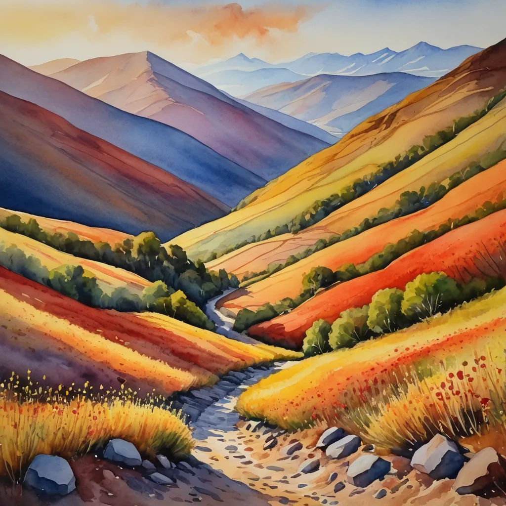 a painting of a mountain landscape with a path leading to a valley with rocks and grass on both sides, american scene painting, a watercolor painting, Alison Kinnaird, landscape