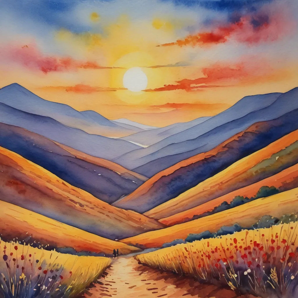 a painting of a sunset over a mountain range with a path leading to the sun in the distance and a field of flowers in the foreground, american scene painting, a watercolor painting, Carol Sutton, sun