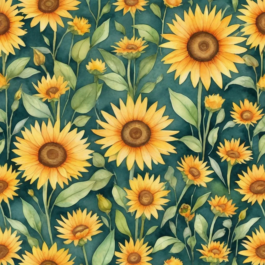 a painting of a bunch of sunflowers with leaves on them and a green background with a brown center, folk art, a watercolor painting, Annabel Kidston, in gouache detailed paintings