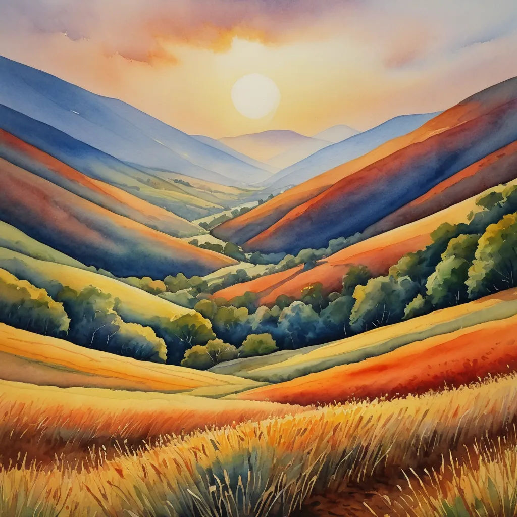 a painting of a landscape with mountains and trees in the background and a sunset in the distance with a sun setting, american scene painting, an airbrush painting, Alison Kinnaird, landscape