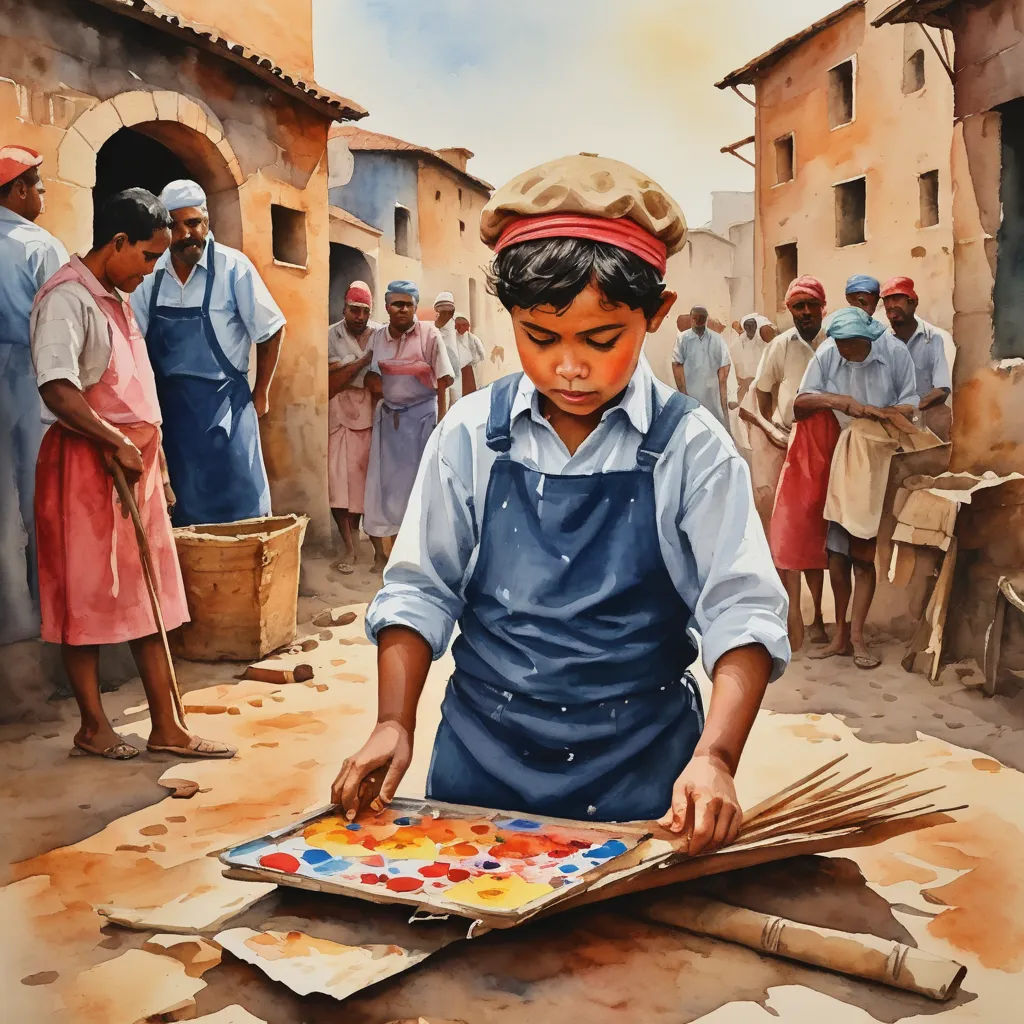 a painting of a boy making a painting on a board in a village with people around him and a woman standing over a table, figurative art, a watercolor painting, Art Brenner, detailed painting